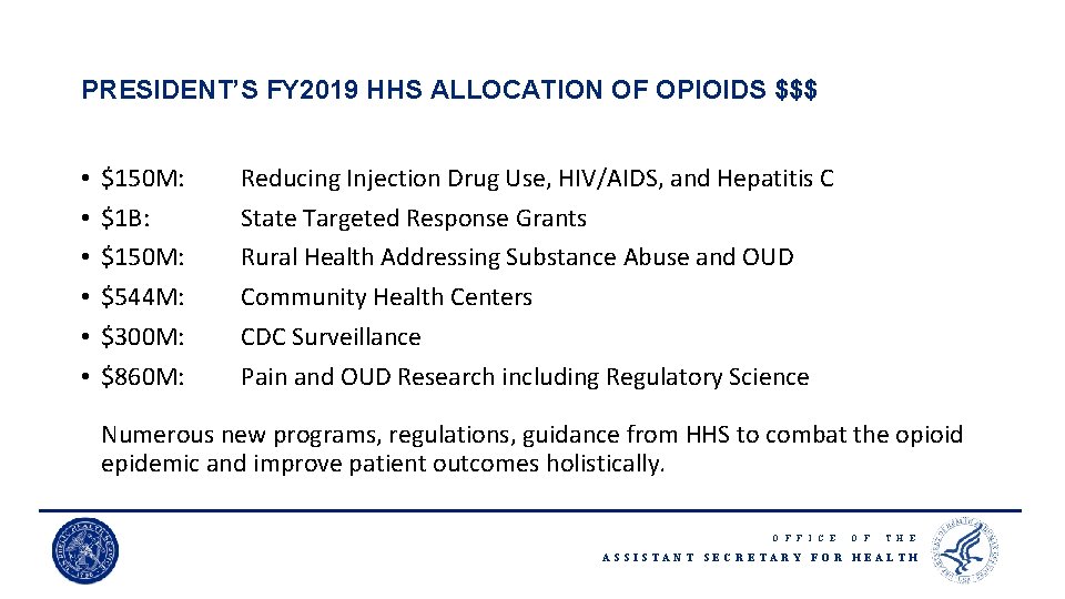 PRESIDENT’S FY 2019 HHS ALLOCATION OF OPIOIDS $$$ • • • $150 M: $1