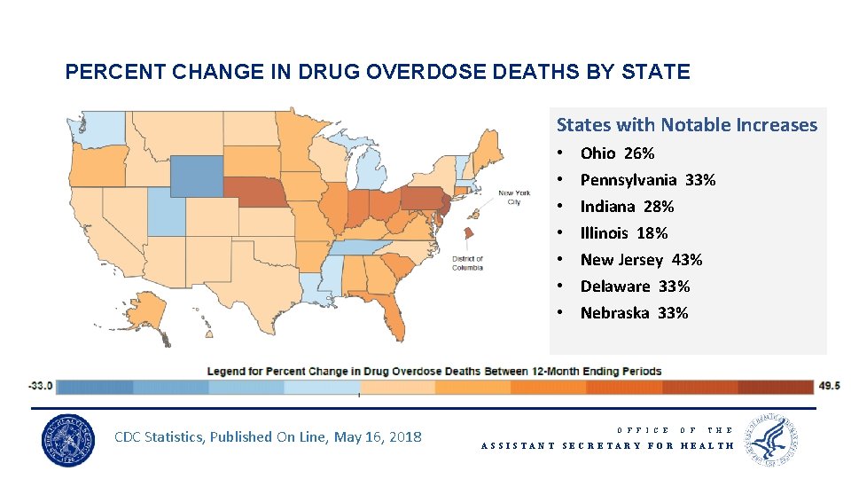 PERCENT CHANGE IN DRUG OVERDOSE DEATHS BY STATE States with Notable Increases • •