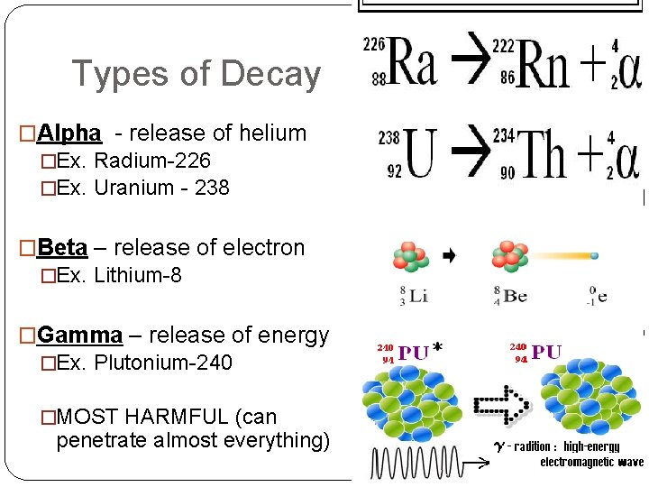 Types of Decay �Alpha - release of helium �Ex. Radium-226 �Ex. Uranium - 238