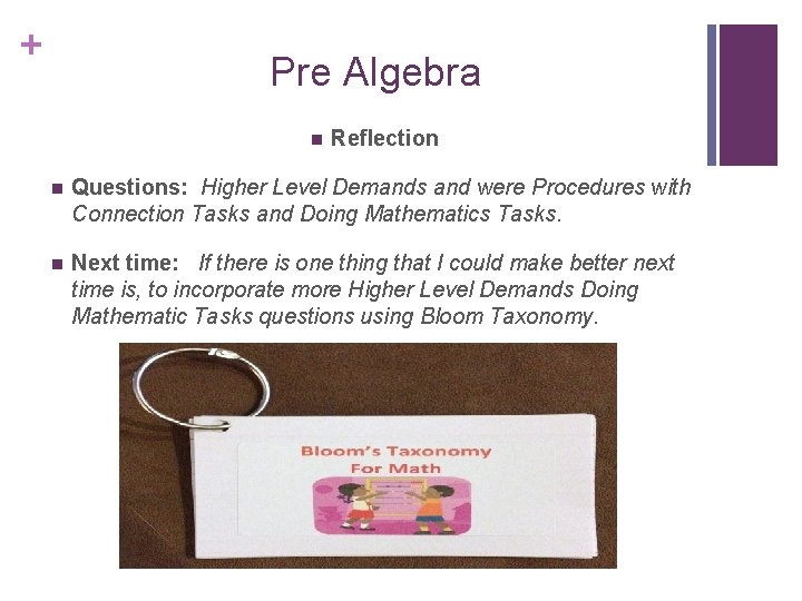 + Pre Algebra n Reflection n Questions: Higher Level Demands and were Procedures with + Pre Algebra n Reflection n Questions: Higher Level Demands and were Procedures with