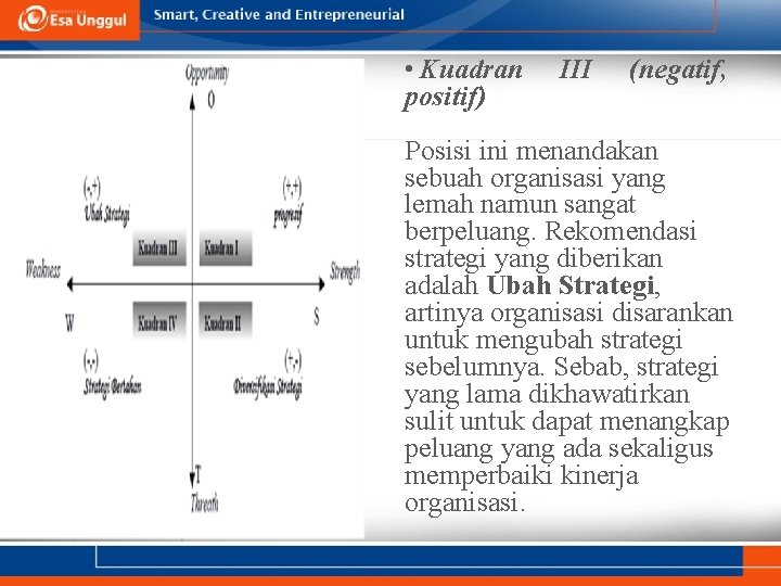  • Kuadran positif) III (negatif, Posisi ini menandakan sebuah organisasi yang lemah namun