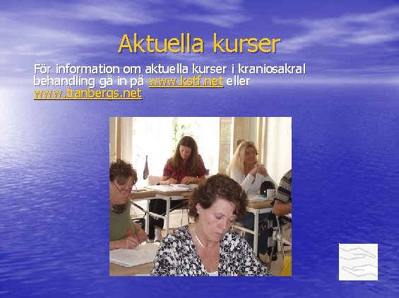 Aktuella kurser För information om aktuella kurser i kraniosakral behandling gå in på www.