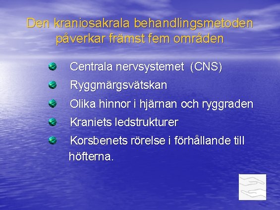 Den kraniosakrala behandlingsmetoden påverkar främst fem områden Centrala nervsystemet (CNS) Ryggmärgsvätskan Olika hinnor i