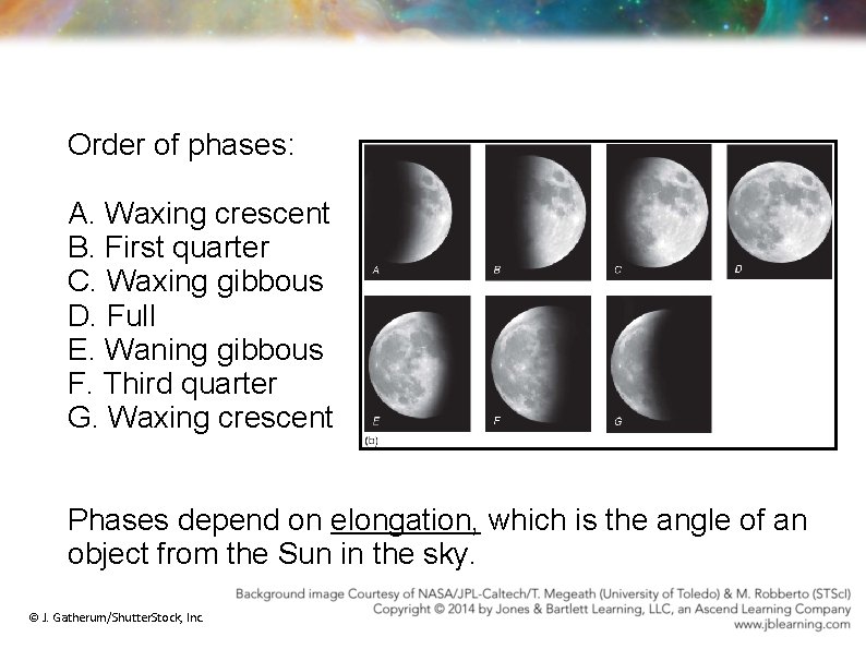 Order of phases: A. Waxing crescent B. First quarter C. Waxing gibbous D. Full