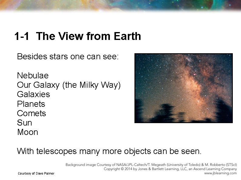 1 -1 The View from Earth Besides stars one can see: Nebulae Our Galaxy