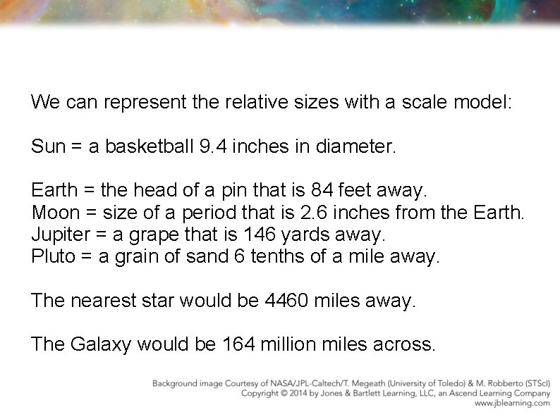 We can represent the relative sizes with a scale model: Sun = a basketball