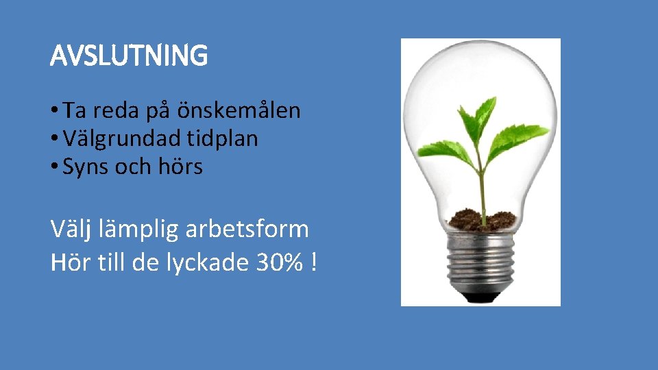 AVSLUTNING • Ta reda på önskemålen • Välgrundad tidplan • Syns och hörs Välj