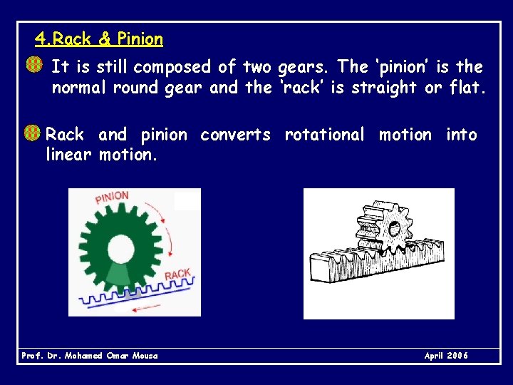 4. Rack & Pinion It is still composed of two gears. The ‘pinion’ is