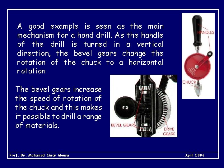 A good example is seen as the main mechanism for a hand drill. As
