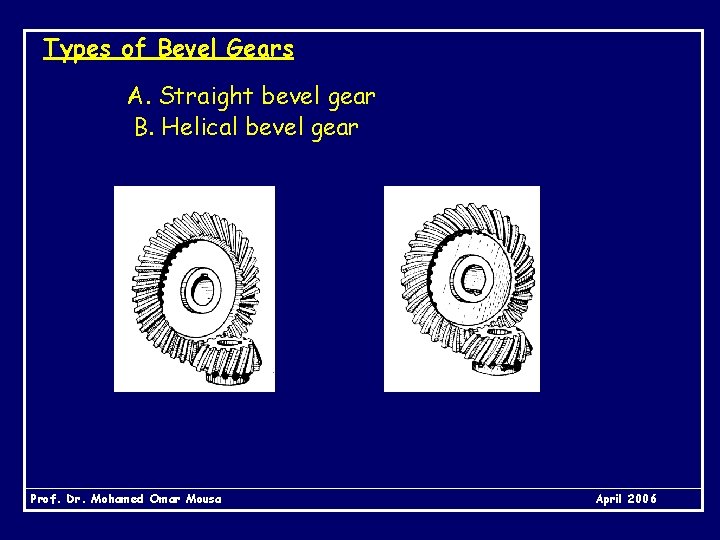 Types of Bevel Gears A. Straight bevel gear B. Helical bevel gear Prof. Dr.