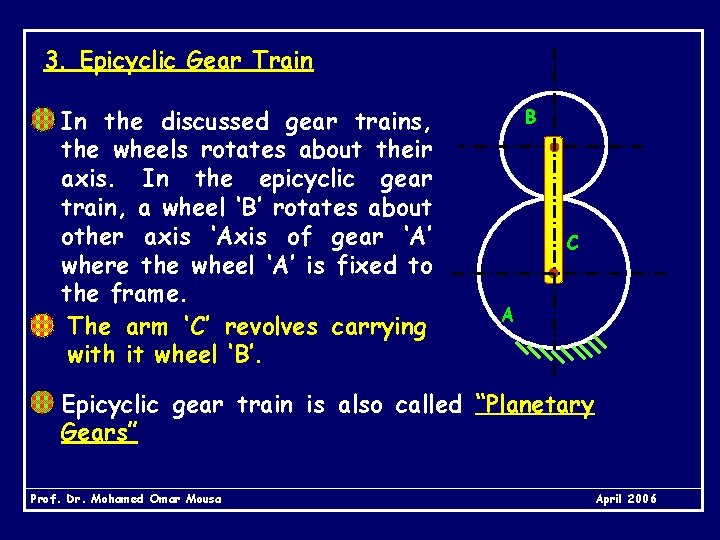 3. Epicyclic Gear Train In the discussed gear trains, the wheels rotates about their