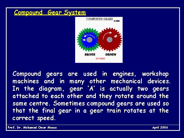 Compound Gear System Compound gears are used in engines, workshop machines and in many