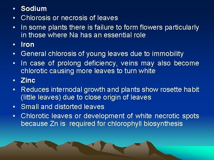  • Sodium • Chlorosis or necrosis of leaves • In some plants there