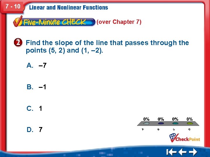 7 - 10 (over Chapter 7) Find the slope of the line that passes