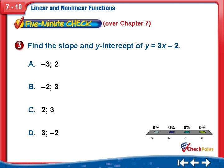 7 - 10 (over Chapter 7) Find the slope and y-intercept of y =