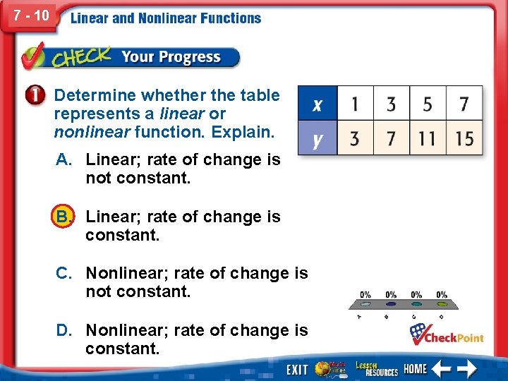 7 - 10 Determine whether the table represents a linear or nonlinear function. Explain.