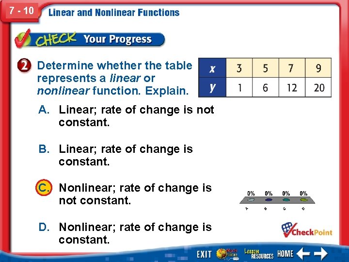 7 - 10 Determine whether the table represents a linear or nonlinear function. Explain.