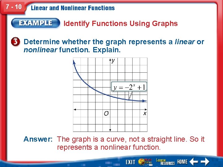 7 - 10 Identify Functions Using Graphs Determine whether the graph represents a linear