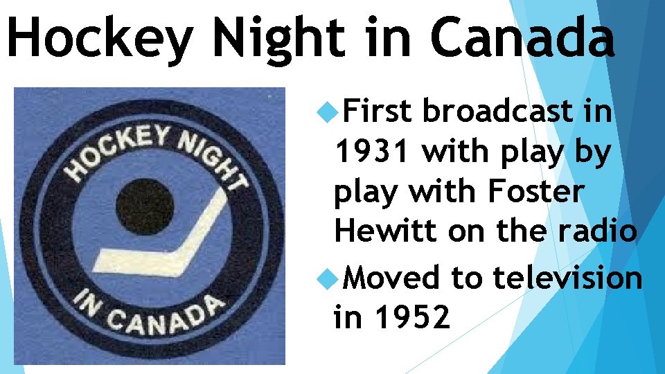 Hockey Night in Canada First broadcast in 1931 with play by play with Foster
