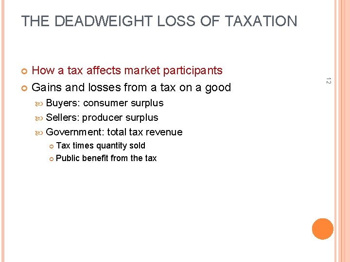 THE DEADWEIGHT LOSS OF TAXATION How a tax affects market participants Gains and losses