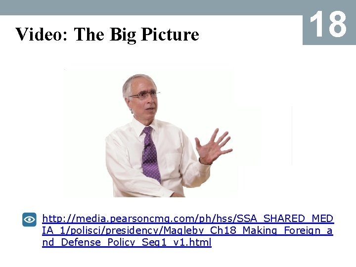 Video: The Big Picture 18 http: //media. pearsoncmg. com/ph/hss/SSA_SHARED_MED IA_1/polisci/presidency/Magleby_Ch 18_Making_Foreign_a nd_Defense_Policy_Seg 1_v 1.
