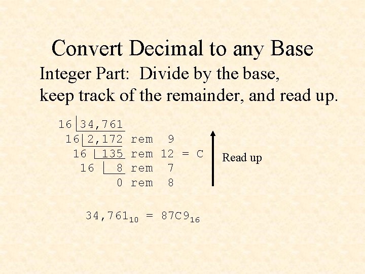 Convert Decimal to any Base Integer Part: Divide by the base, keep track of