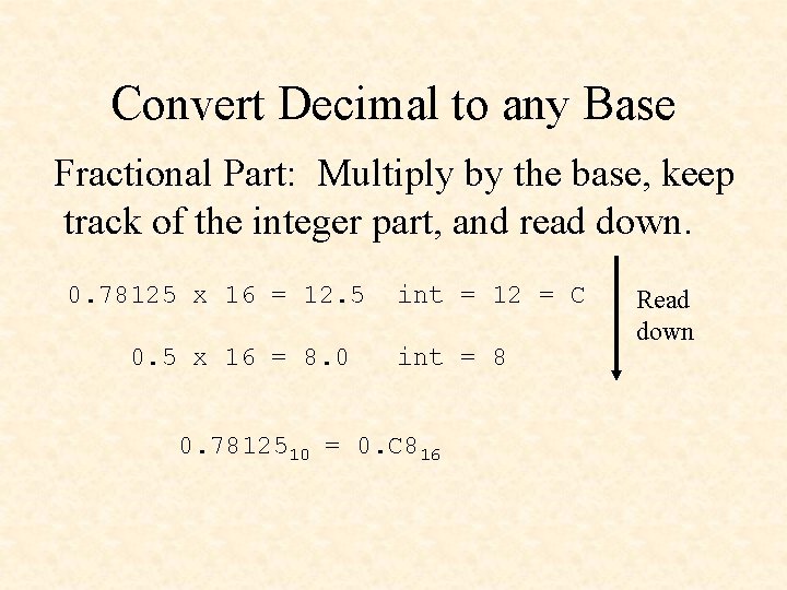 Convert Decimal to any Base Fractional Part: Multiply by the base, keep track of