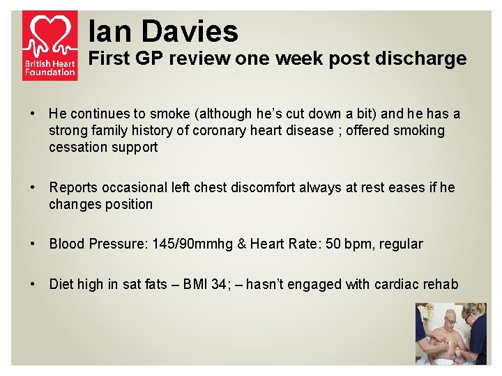 Ian Davies First GP review one week post discharge • He continues to smoke