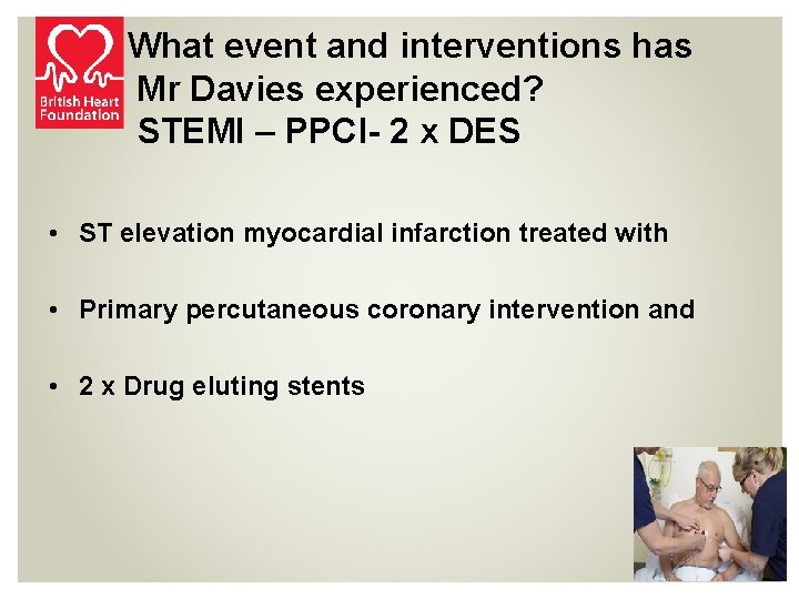 What event and interventions has Mr Davies experienced? STEMI – PPCI- 2 x DES