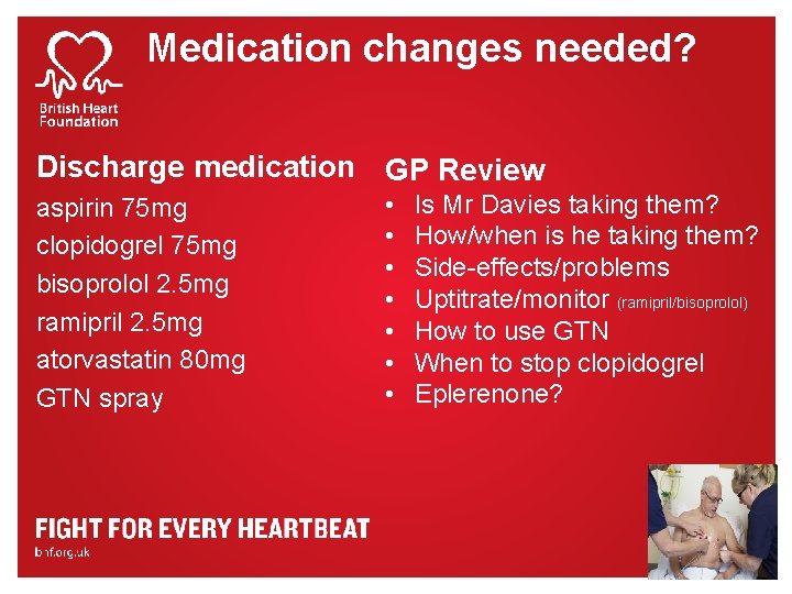 Medication changes needed? Discharge medication GP Review aspirin 75 mg clopidogrel 75 mg bisoprolol