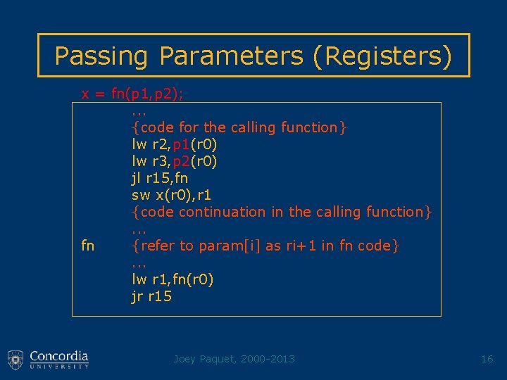 Passing Parameters (Registers) x = fn(p 1, p 2); . . . {code for