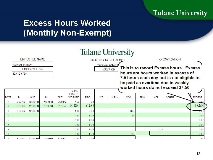 Tulane University Excess Hours Worked (Monthly Non-Exempt) 13 