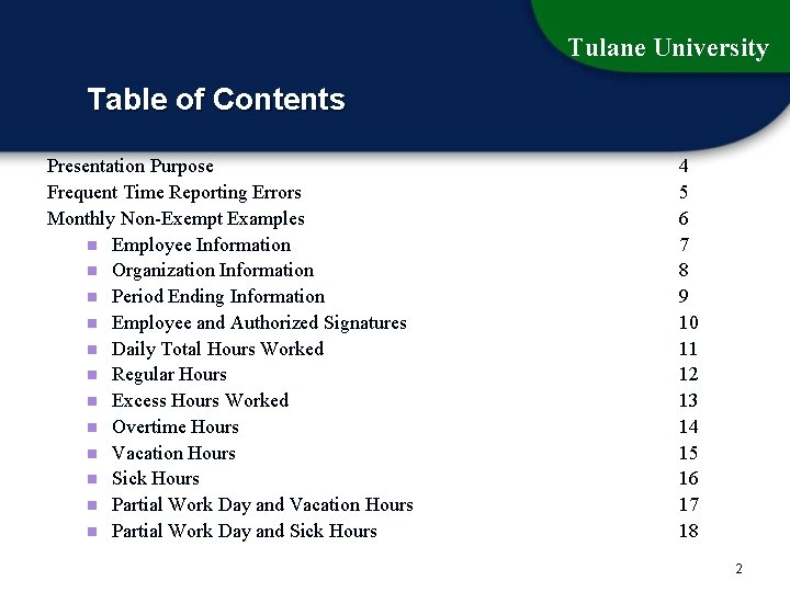 Tulane University Table of Contents Presentation Purpose Frequent Time Reporting Errors Monthly Non-Exempt Examples