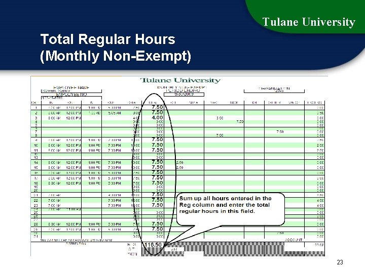 Tulane University Total Regular Hours (Monthly Non-Exempt) 23 