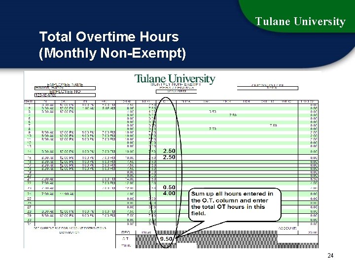 Tulane University Total Overtime Hours (Monthly Non-Exempt) 24 