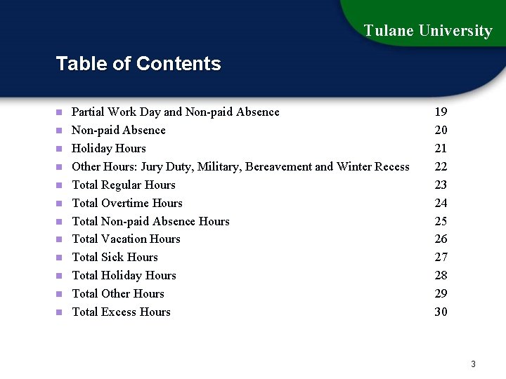 Tulane University Table of Contents n n n Partial Work Day and Non-paid Absence