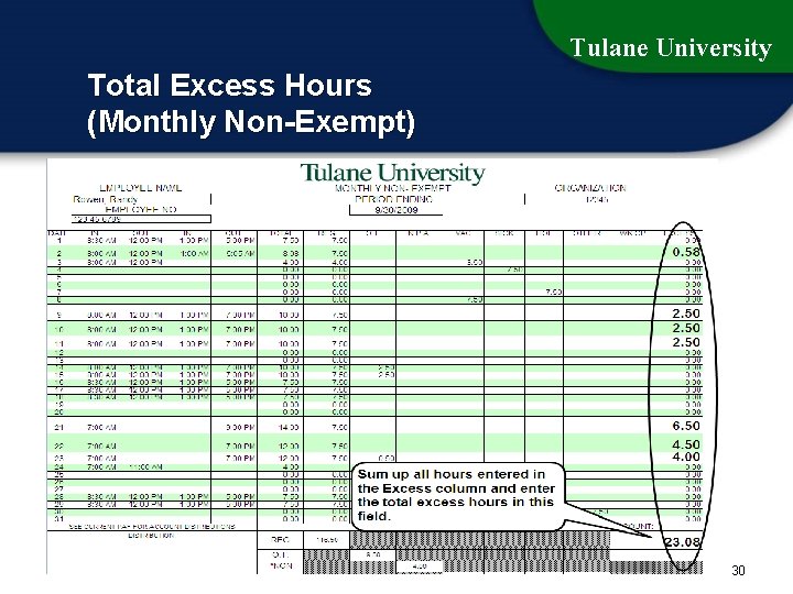 Tulane University Total Excess Hours (Monthly Non-Exempt) 30 