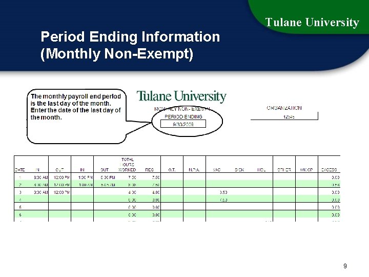 Period Ending Information (Monthly Non-Exempt) Tulane University 9 