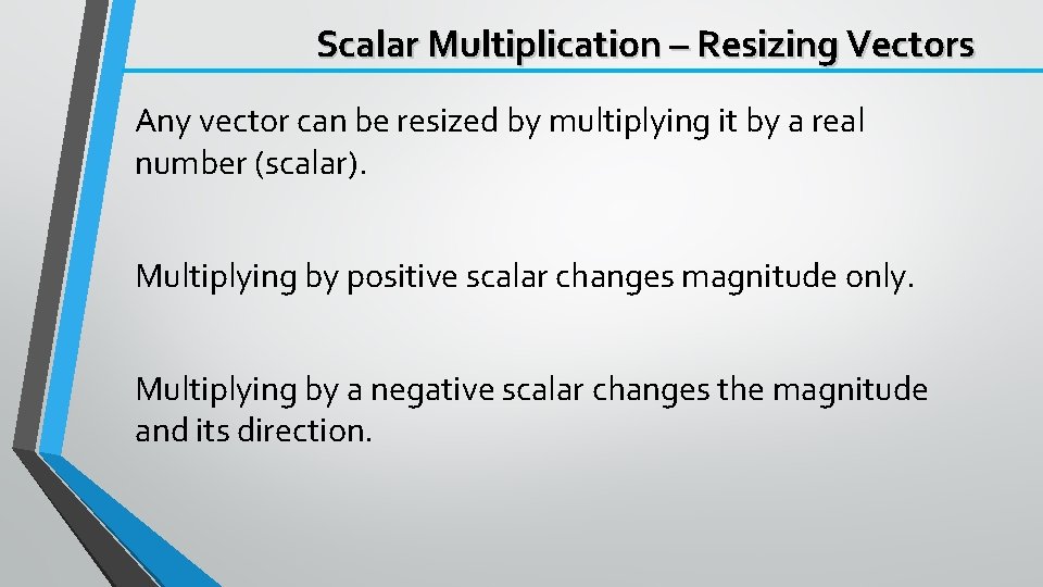 Scalar Multiplication – Resizing Vectors Any vector can be resized by multiplying it by
