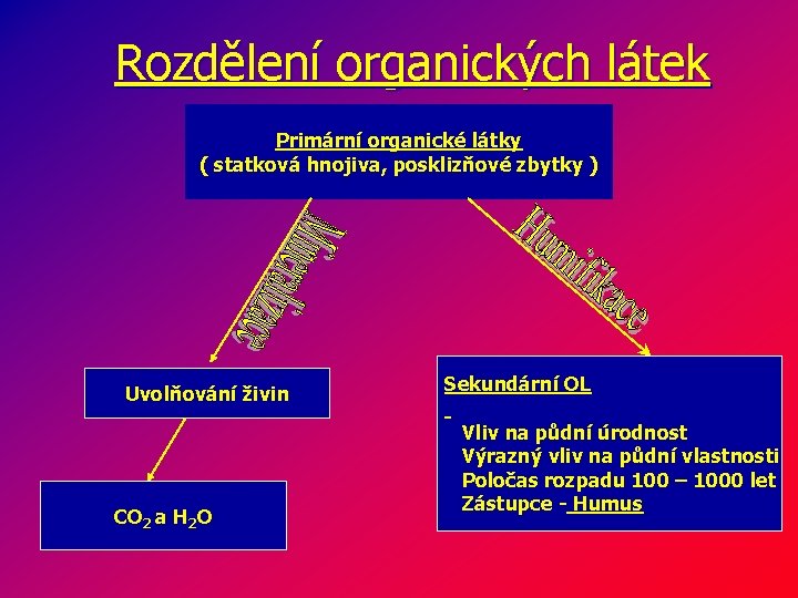 Rozdělení organických látek Primární organické látky ( statková hnojiva, posklizňové zbytky ) Uvolňování živin