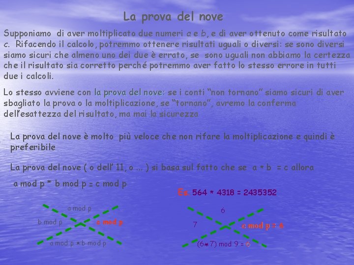 La prova del nove Supponiamo di aver moltiplicato due numeri a e b, e