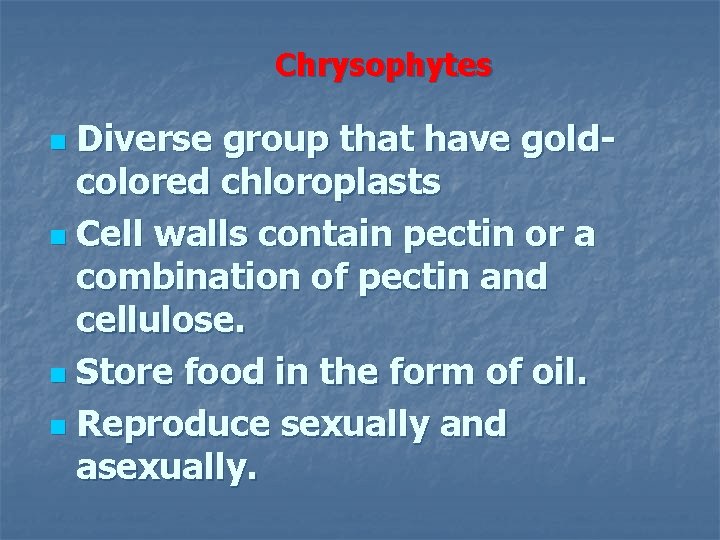 Chrysophytes Diverse group that have goldcolored chloroplasts n Cell walls contain pectin or a