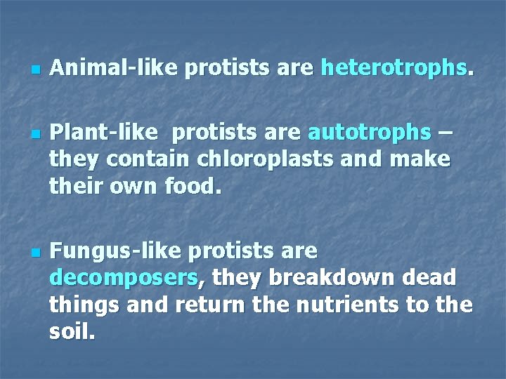 n n n Animal-like protists are heterotrophs. Plant-like protists are autotrophs – they contain