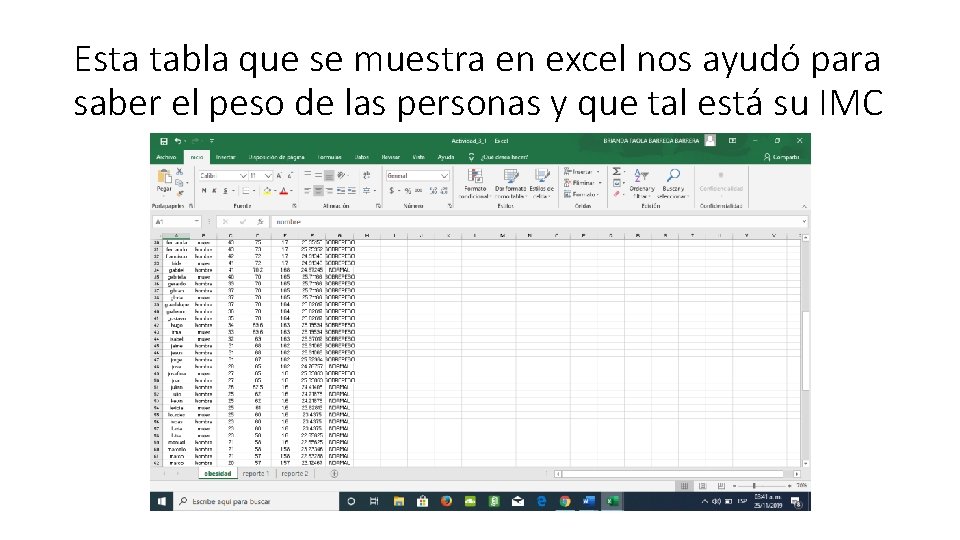 Esta tabla que se muestra en excel nos ayudó para saber el peso de