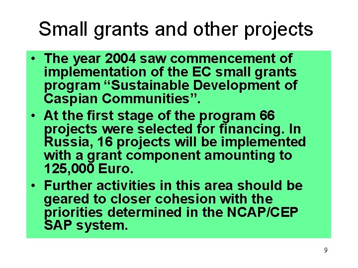 Small grants and other projects • The year 2004 saw commencement of implementation of