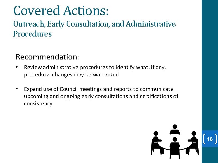 Covered Actions: Outreach, Early Consultation, and Administrative Procedures Recommendation: • Review administrative procedures to
