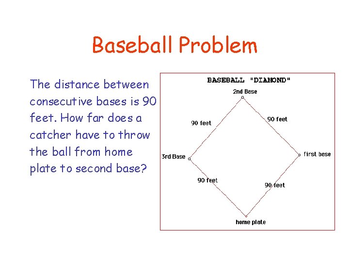 Baseball Problem The distance between consecutive bases is 90 feet. How far does a