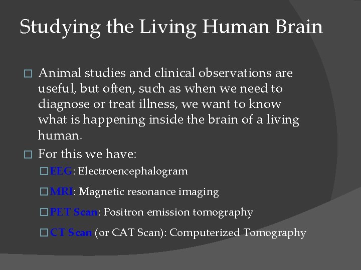 Studying the Living Human Brain Animal studies and clinical observations are useful, but often,