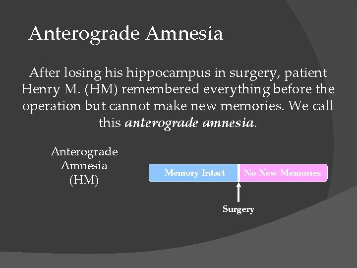 Anterograde Amnesia After losing his hippocampus in surgery, patient Henry M. (HM) remembered everything