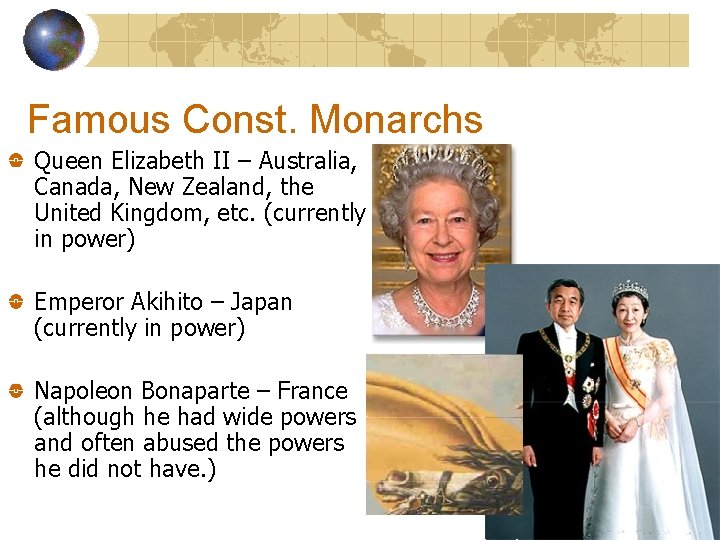 Famous Const. Monarchs Queen Elizabeth II – Australia, Canada, New Zealand, the United Kingdom,